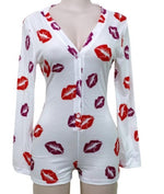 Load image into Gallery viewer, Kissing Lips Purple Red Long Sleeve Onesie Romper Jammies Sexy Loungewear Nightie Nightwear PJ Party Pajama
