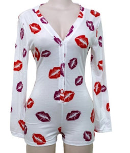 Kissing Lips Purple Red Long Sleeve Onesie Romper Jammies Sexy Loungewear Nightie Nightwear PJ Party Pajama