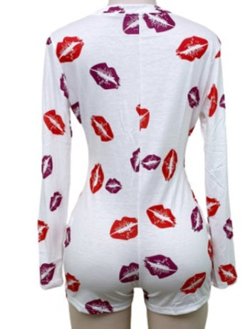 Kissing Lips Purple Red Long Sleeve Onesie Romper Jammies Sexy Loungewear Nightie Nightwear PJ Party Pajama