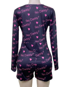 Yes Daddy Long Sleeve Black Onesie Romper Jammies Sexy Loungewear Nightie Nightwear PJ Party Pajama