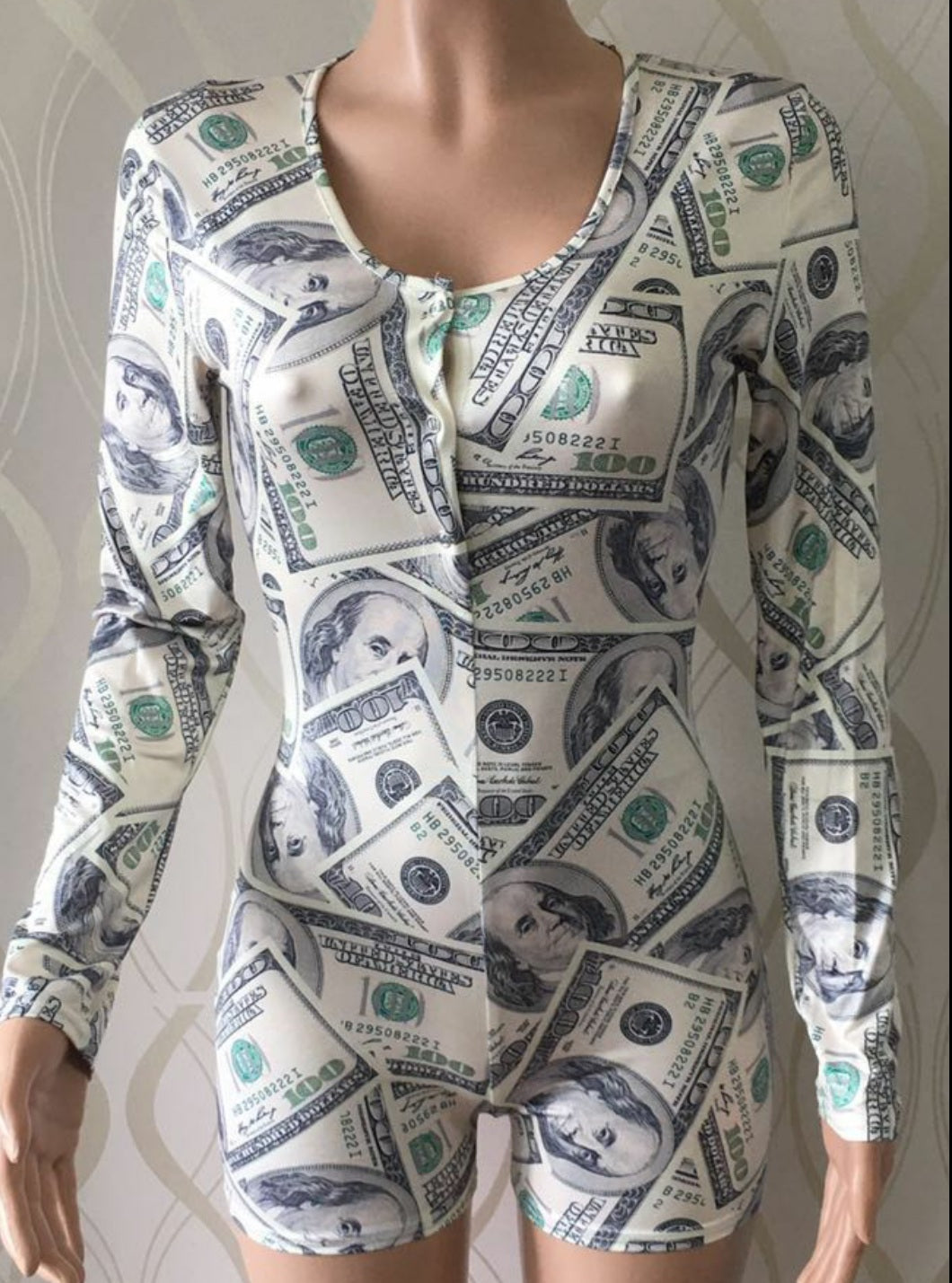 Benjamins Money Green Long Sleeve Onesie Romper Jammies Sexy Loungewear Nightie Nightwear PJ Party Pajama