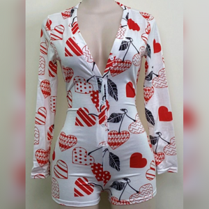 Hearts Red on White Long Sleeve Multi-Colored Onesie Romper