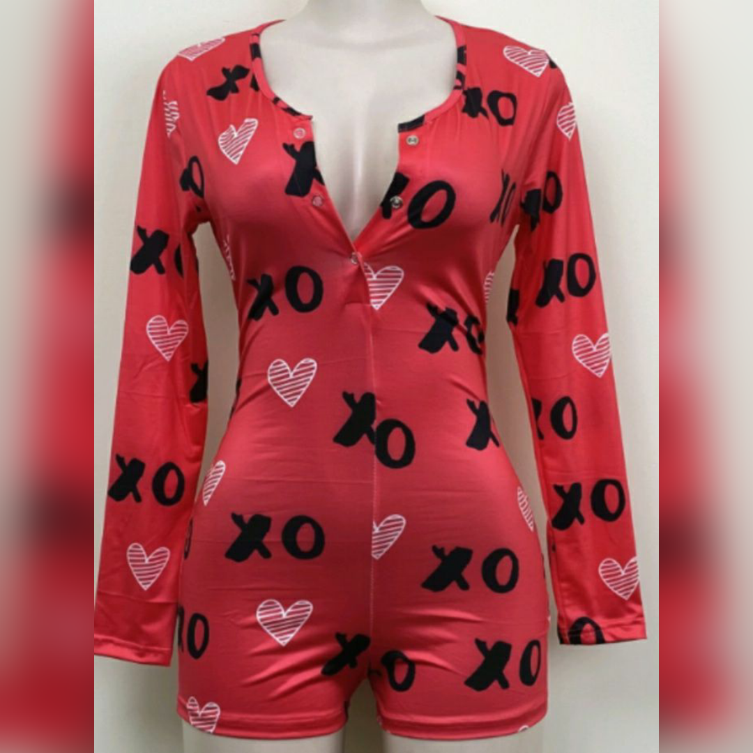 XO Heart Red Long Sleeve Multi-Colored Onesie Romper