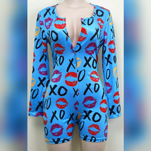 XO Kiss Blue Long Sleeve Multi-Colored Onesie Romper
