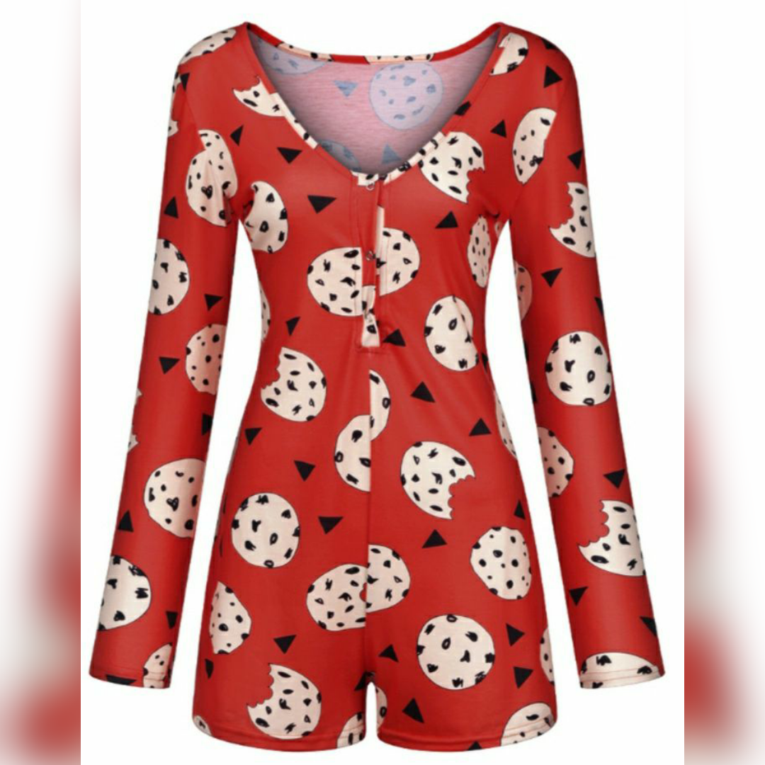 Cookie Red Long Sleeve Onesie Romper Jammies Sexy Loungewear Nightie Nightwear PJ Party Pajama