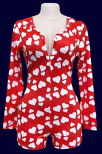 Load image into Gallery viewer, Red w/ White Heart Onesie Romper Jammies Sexy Loungewear Nightie Nightwear PJ Party Pajama

