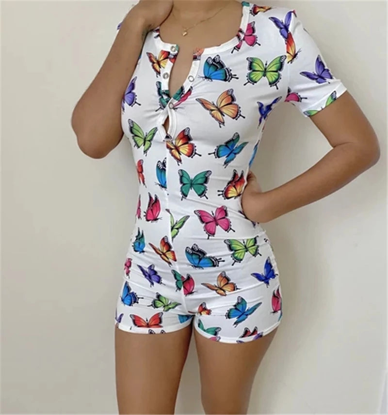 Butterfly Short Sleeve Multi-Colored Onesie Romper Jammies Sexy Loungewear Nightie Nightwear PJ Party Pajama